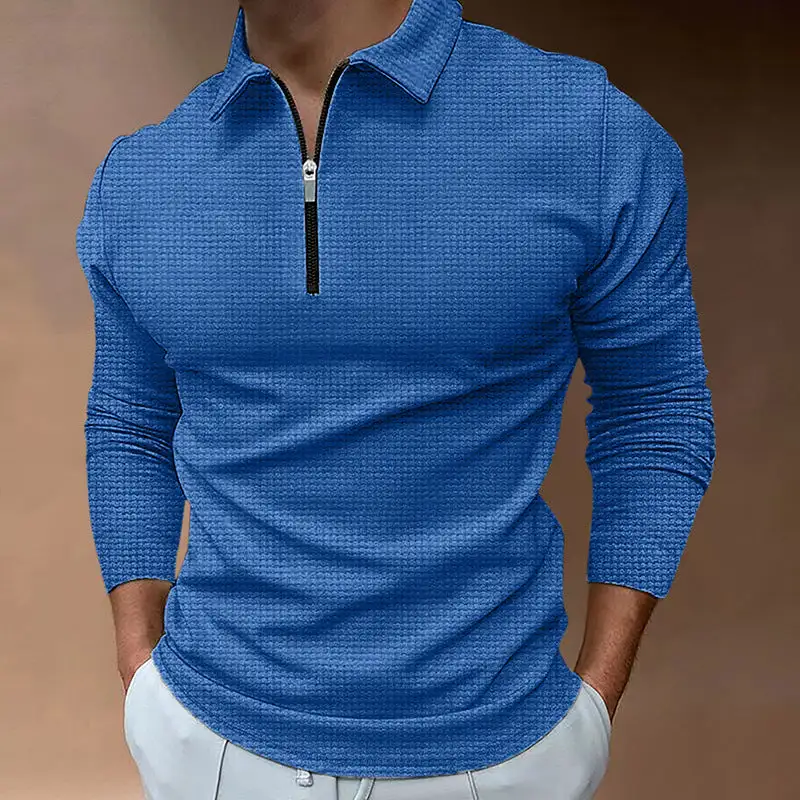 Waffle Texture Spread Collar Long Sleeve Polo Shirt