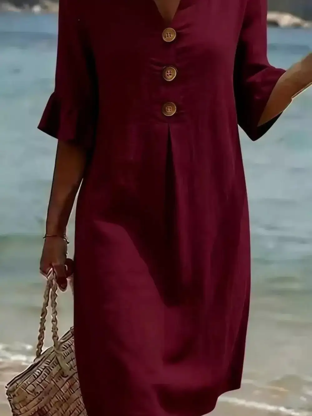 Button Decor Ruffle Sleeve Midi Dress
