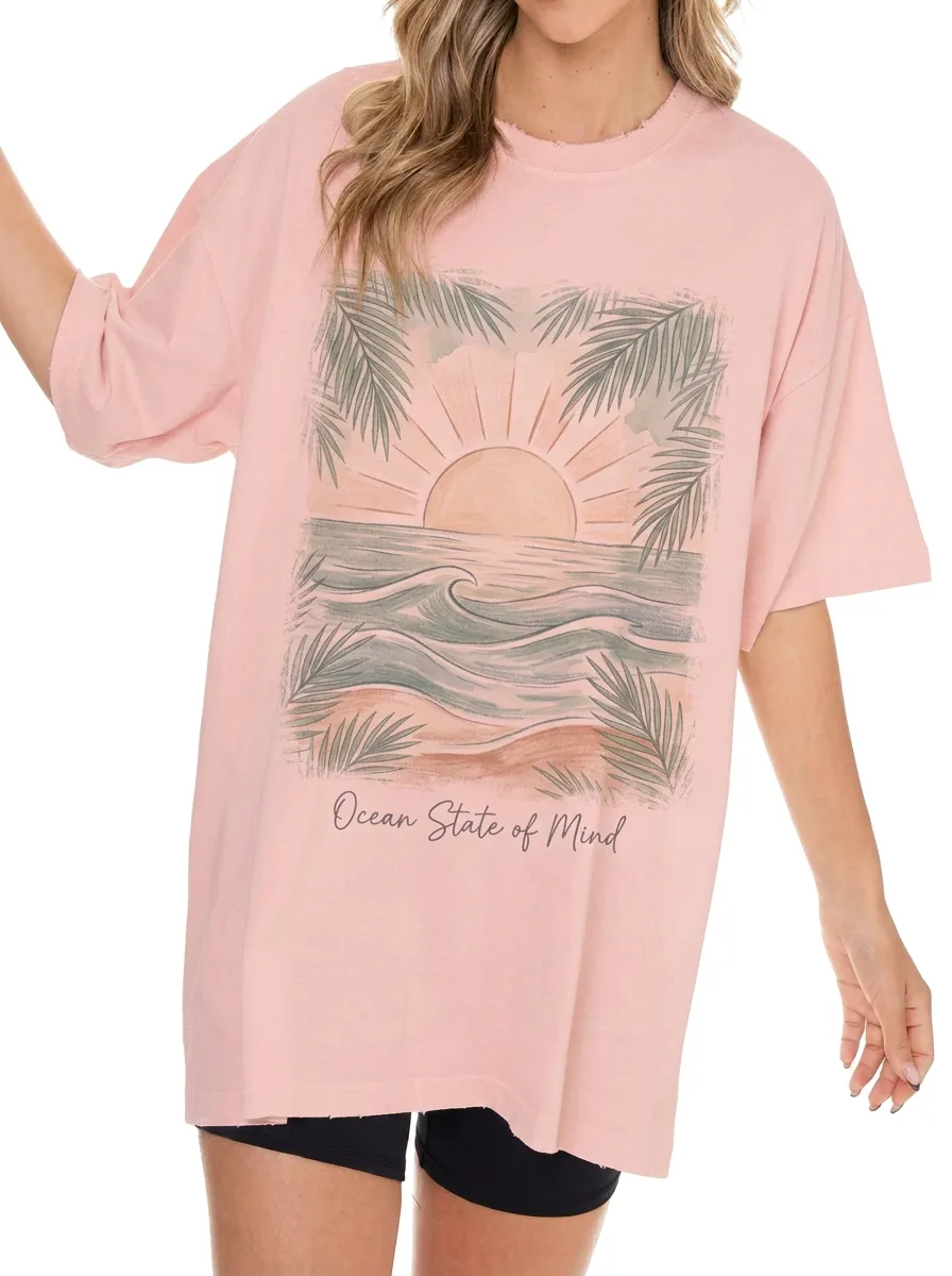 Women's Beach Lover Ocean State of Mind Palm Tree Sunset Printed T-shirt