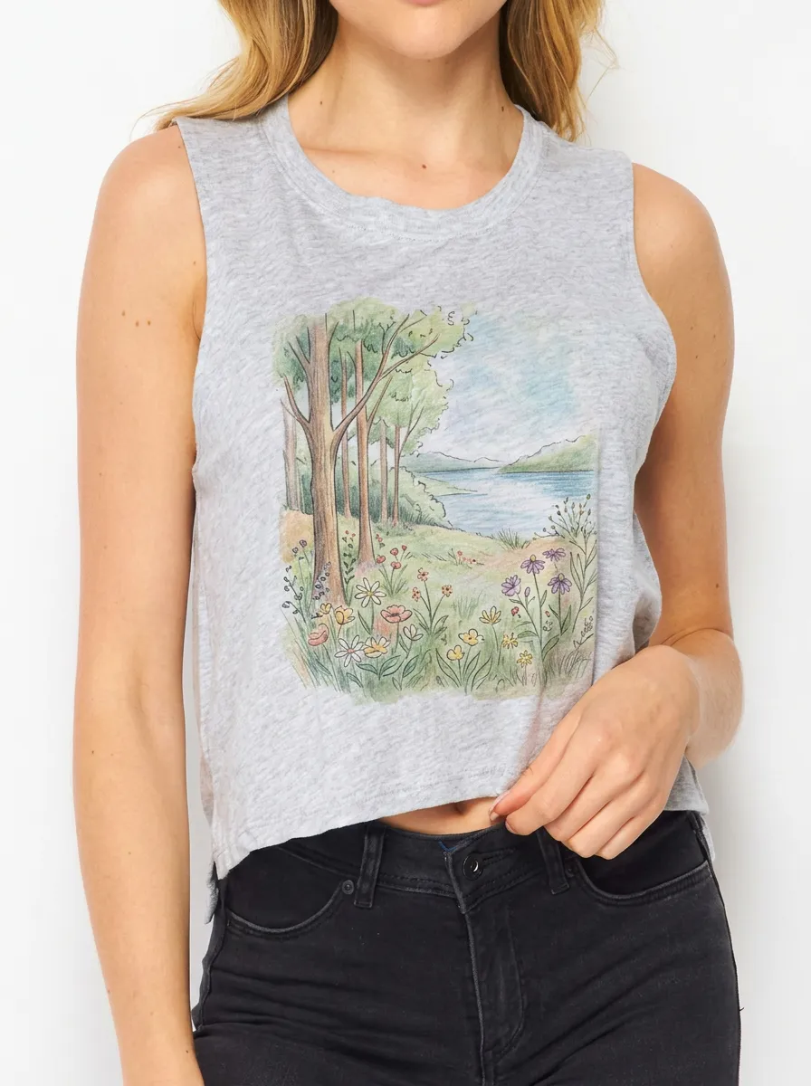 Women's Nature Lover Forest Lake Floral Printed Crop Tank Top