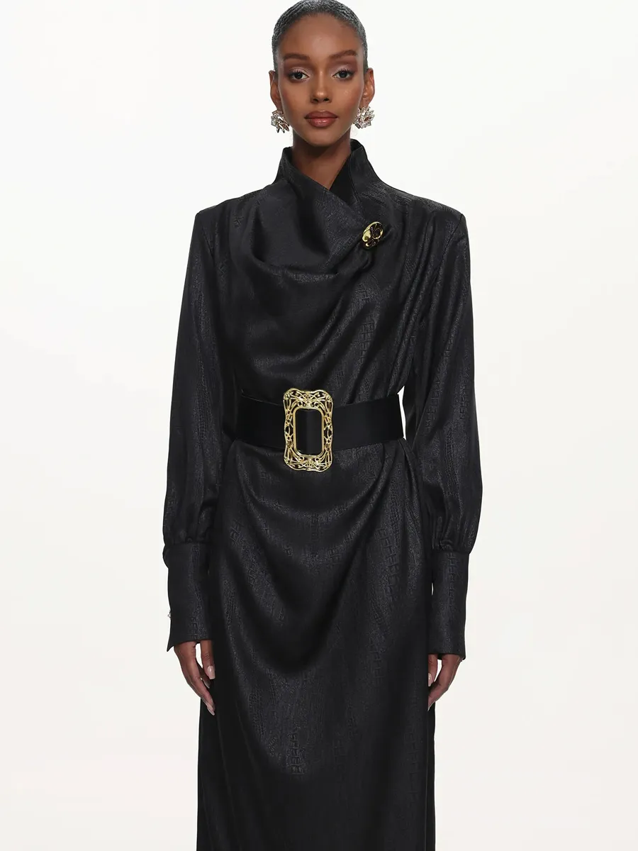 Azariah Cowl Neck Long Sleeve Belted Maxi Dress