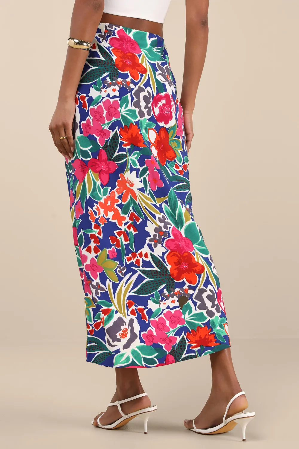 Casual Style Dark Blue Floral High-Rise Midi Skirt