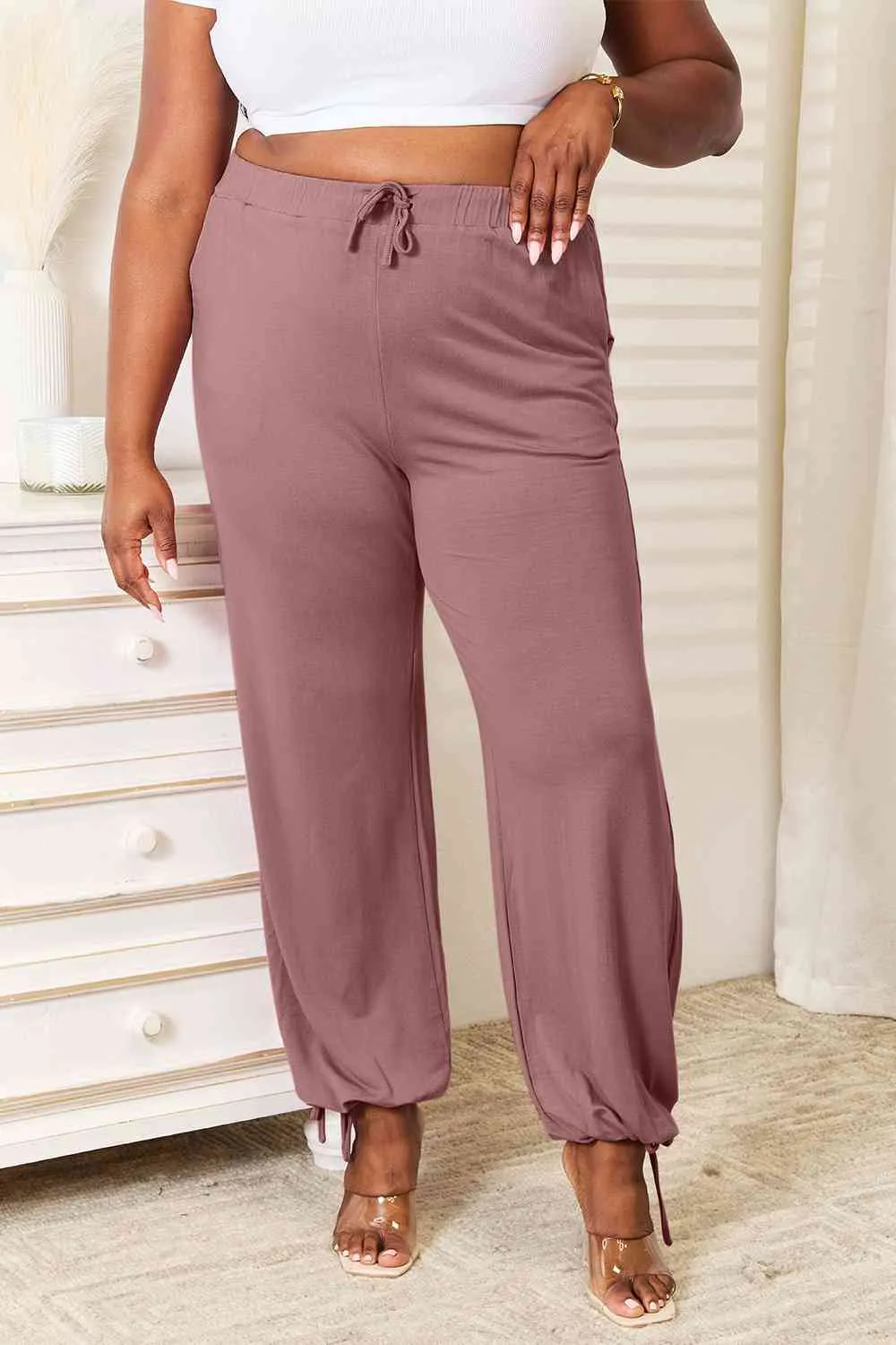 Full Size Soft Rayon Drawstring Waist Pants With Pocket