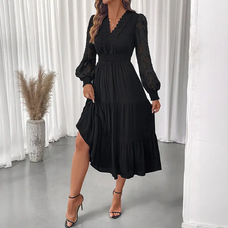 Women's V-Neck Long-Sleeve Lace Bridal Maxi Dress