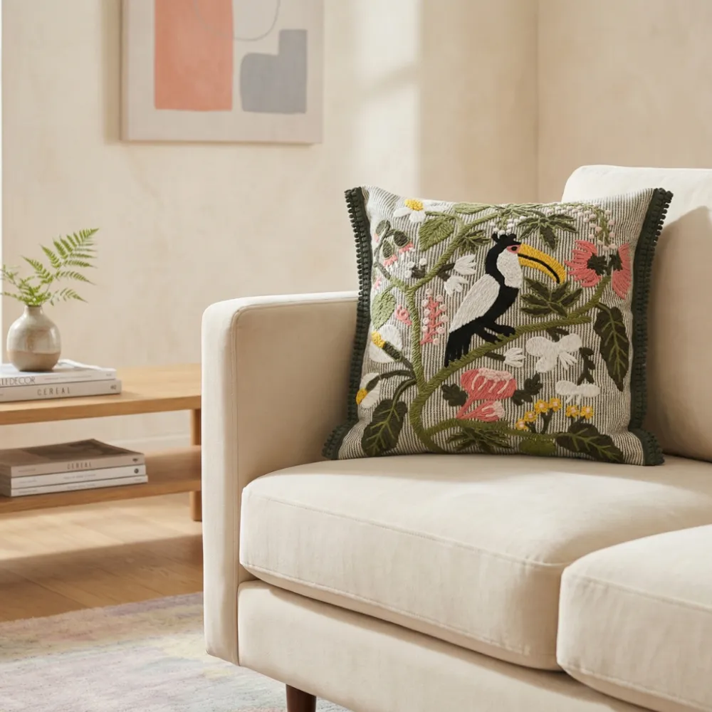Hand Embroidered Botanical Animal Motif Cotton Decorative Cushion Cover