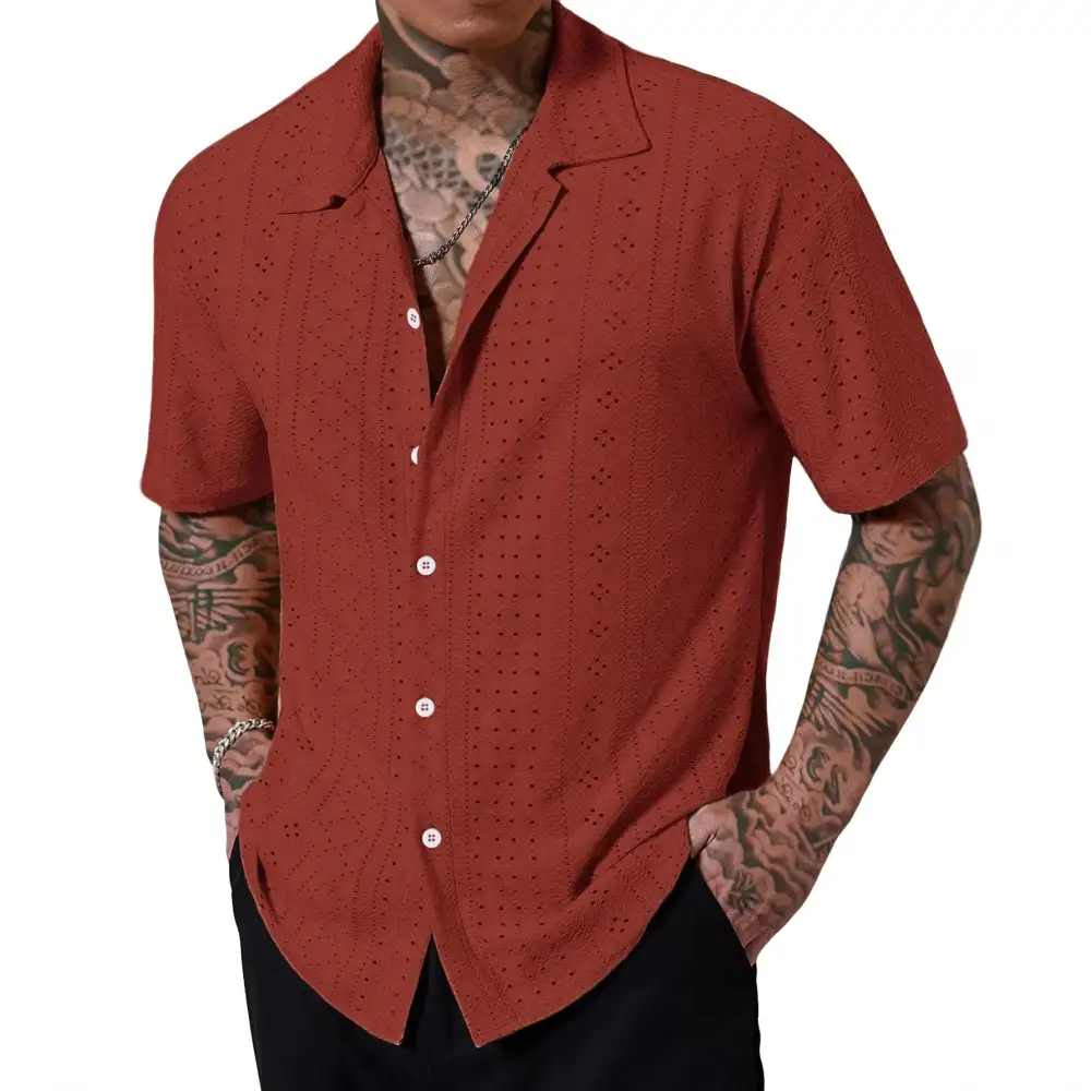 Men's Short-Sleeve Casual Shirt With Openwork Embroidery Lapel Collar And Relaxed Fit