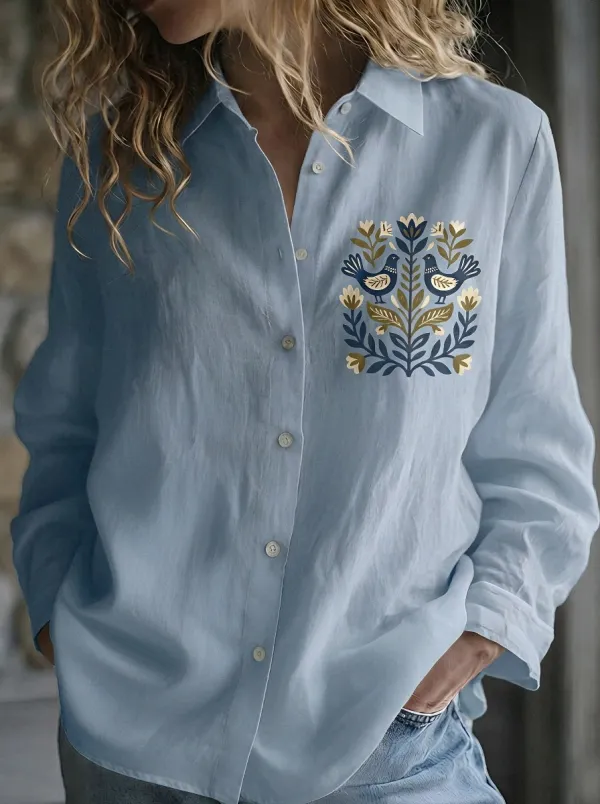 Women's Folk Art Bird Floral Printed Button Down Shirt