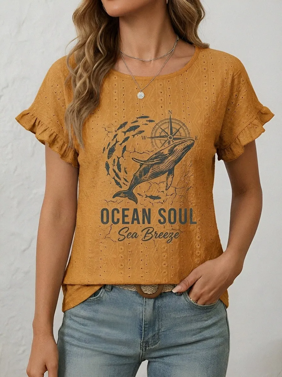 Women's Whale Compass Printed Ruffle Top