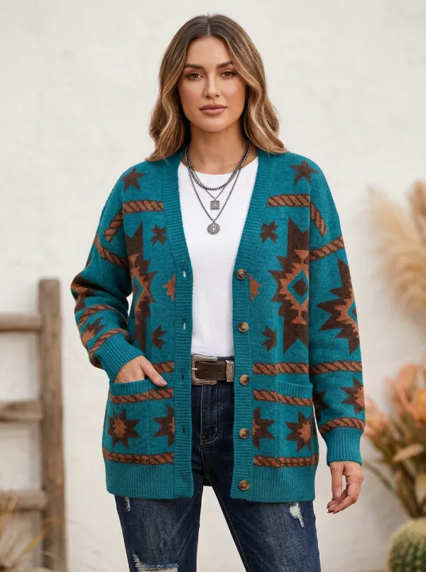 Women's Western Boho Geometric Star Pattern Printed Cardigan