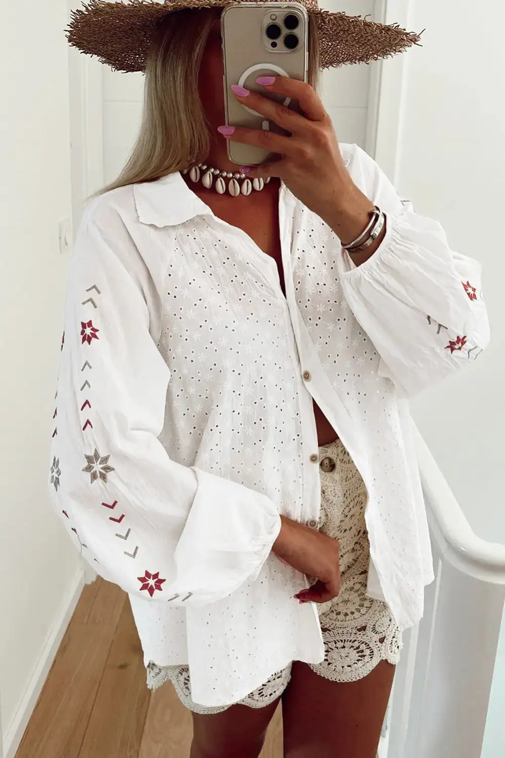 Floral Embroidered Eyelet Shirt Blouse