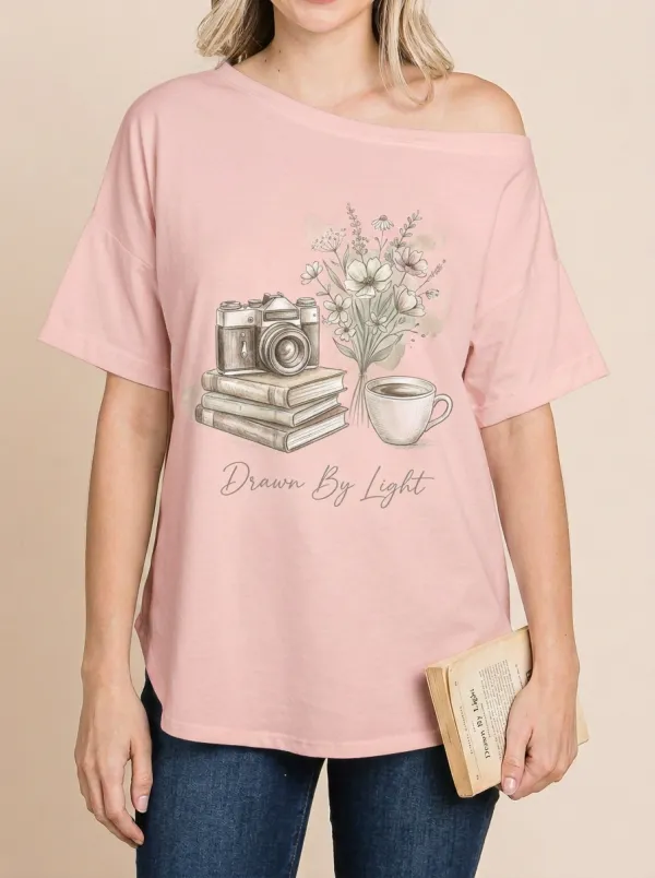 Women's Photography Lover Camera Books Flower Printed T-shirt