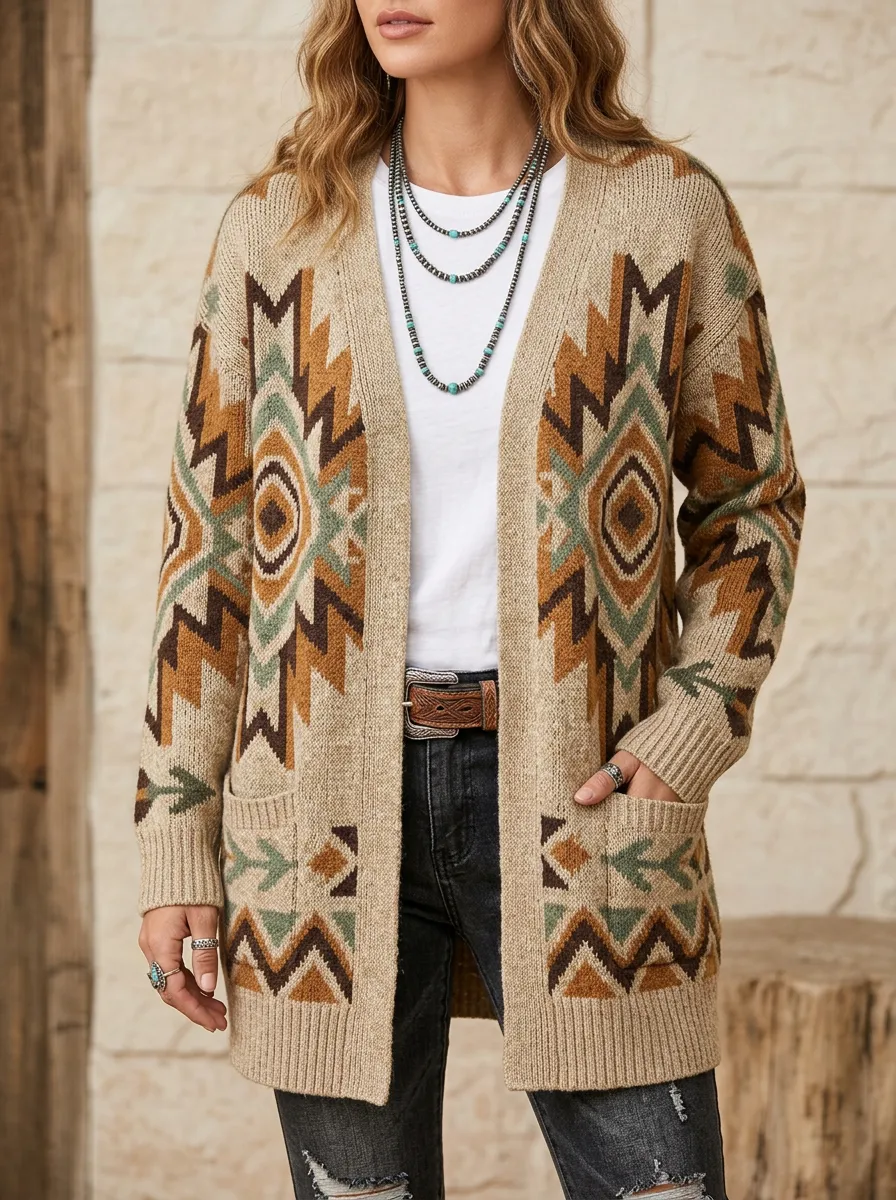 Women's Western Boho Geometric Cardigan