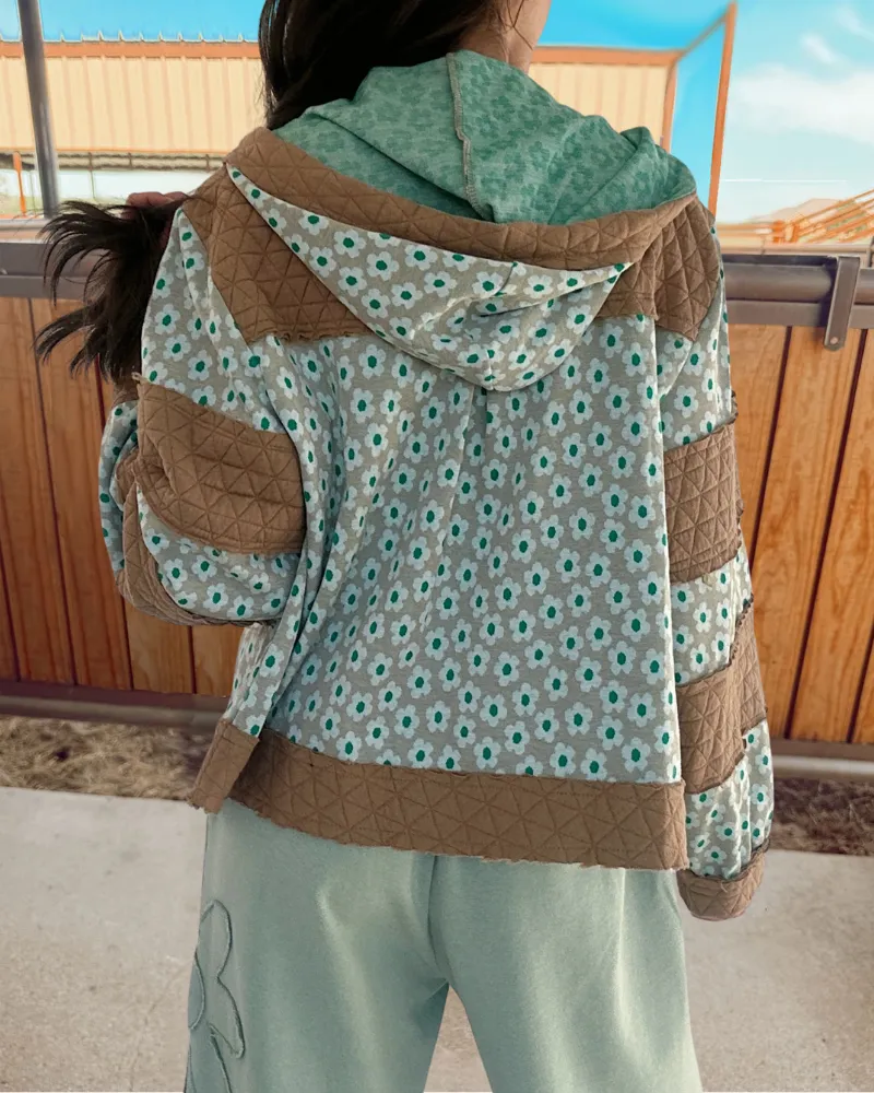 Floral Zip Up Hooded Quilted Jacket
