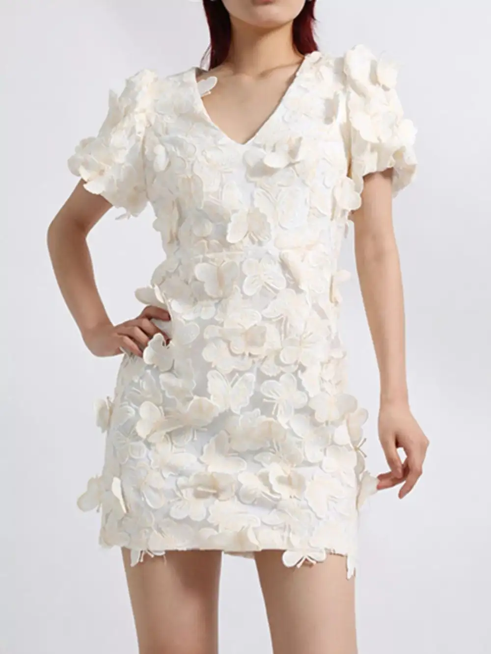Butterfly Print V Neck Puff Sleeve Mini Dress