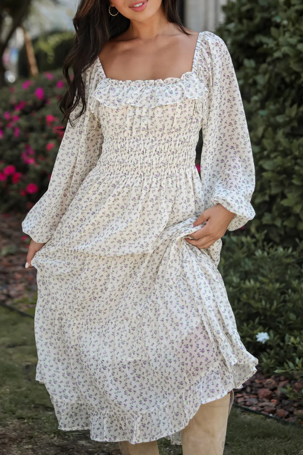 Cream Floral Print Midi Dress