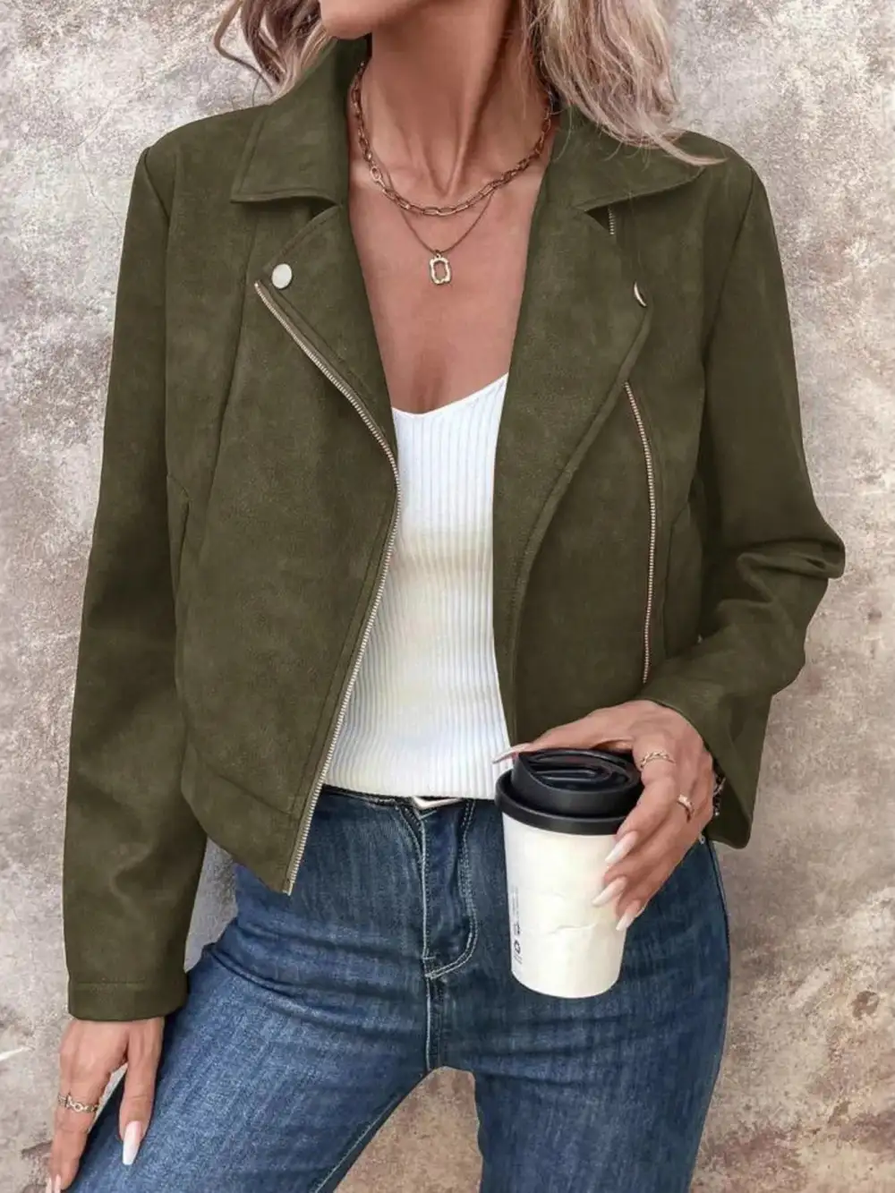 Zip Up Suede Cropped Moto Jacket