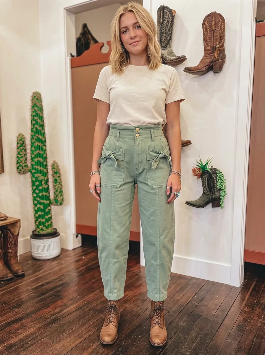 Women's Western Style Sage Green Bow Tie Waist Printed Pants