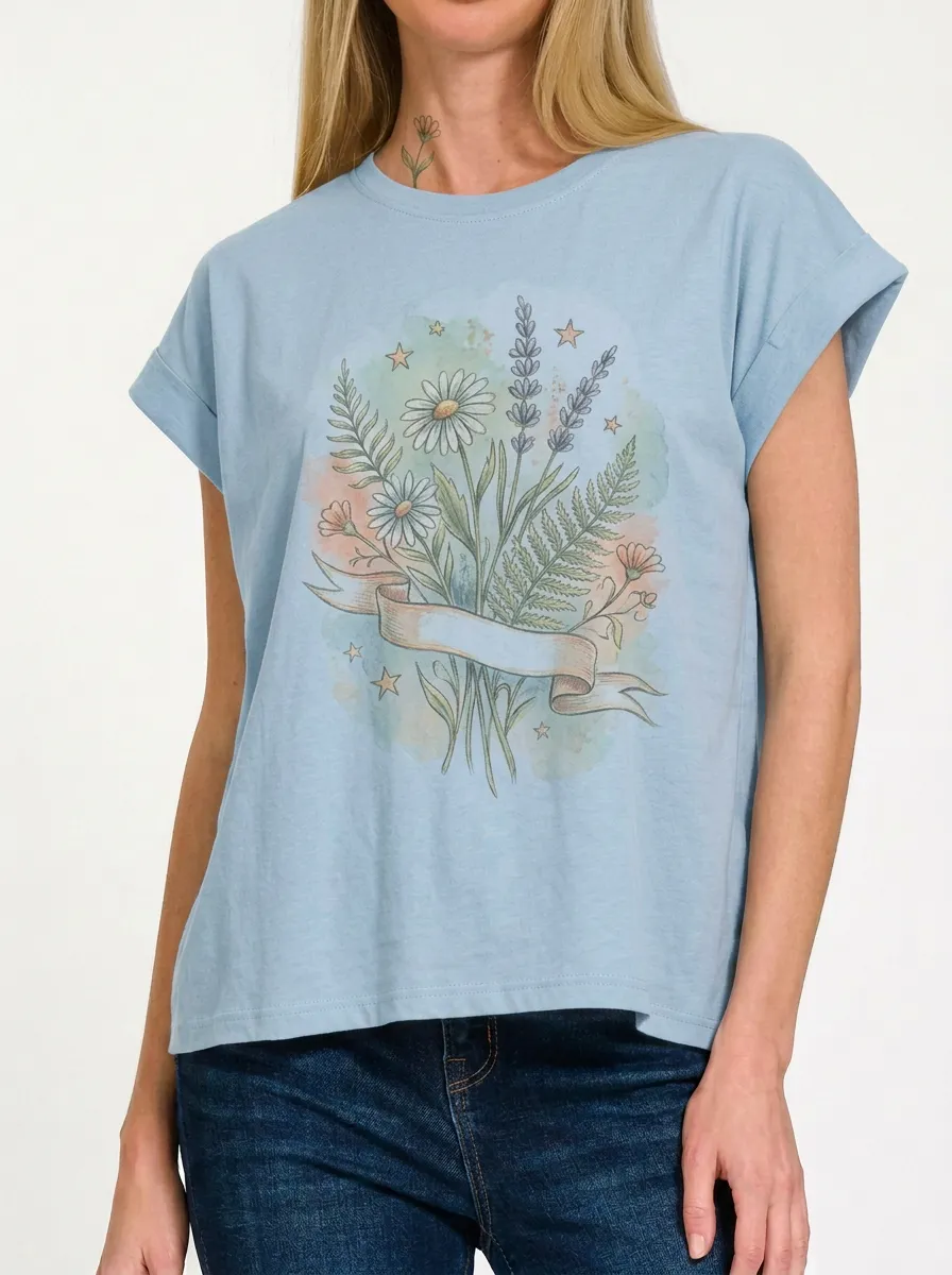 Women's Botanical Nature Lover Daisy Lavender Printed T-shirt