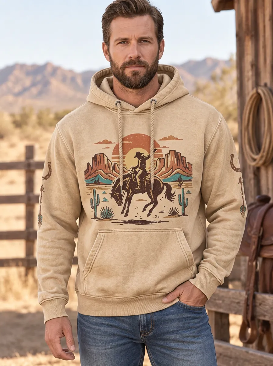 Men's Classic Western Cowboy Horse Desert Sunset Sun Graphic Hoodie