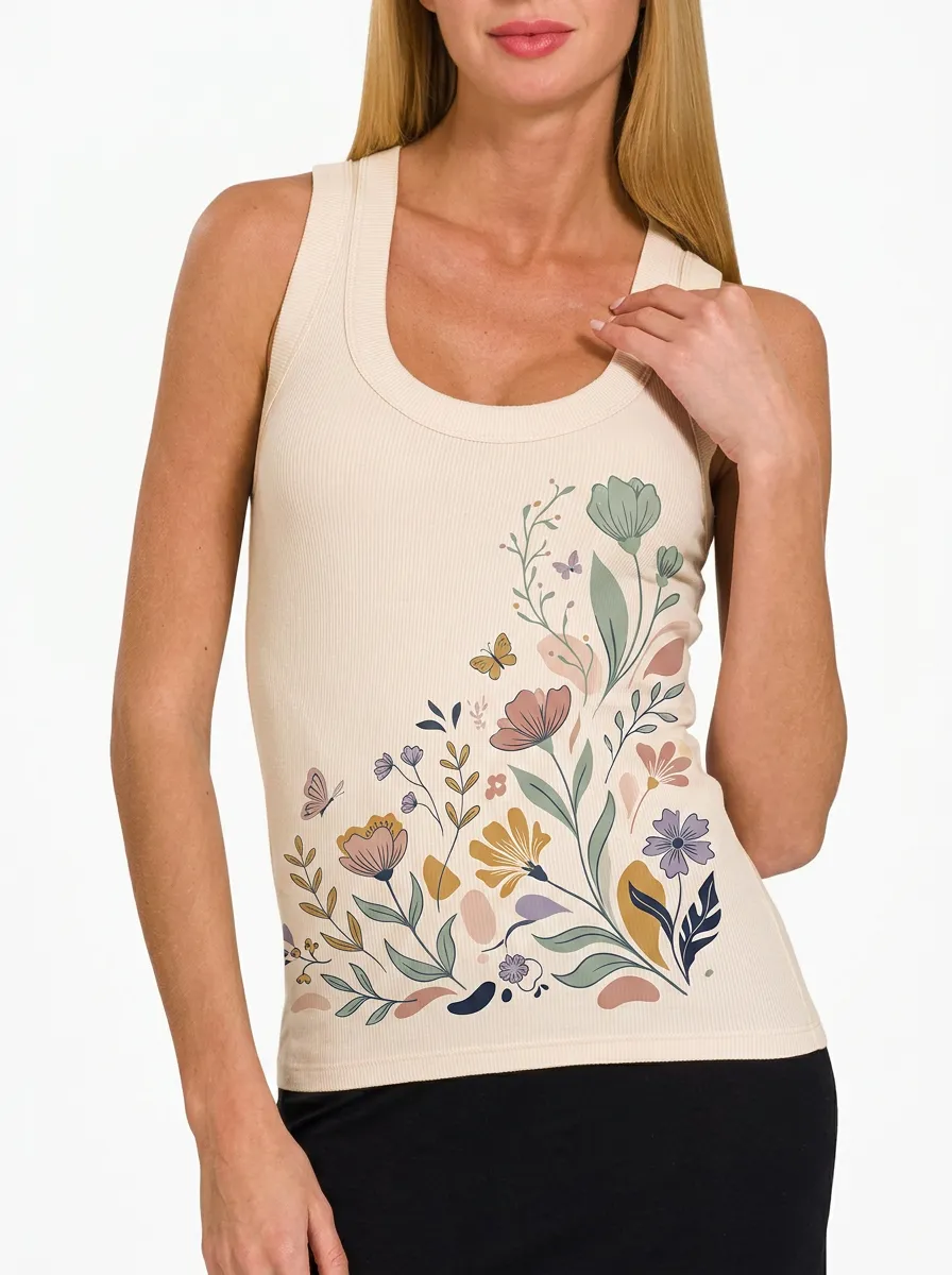 Women's Botanical Nature Lover Floral Butterfly Printed Ribbed Tank Top