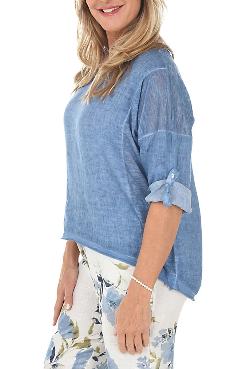 Roll-Tab Linen Blouse