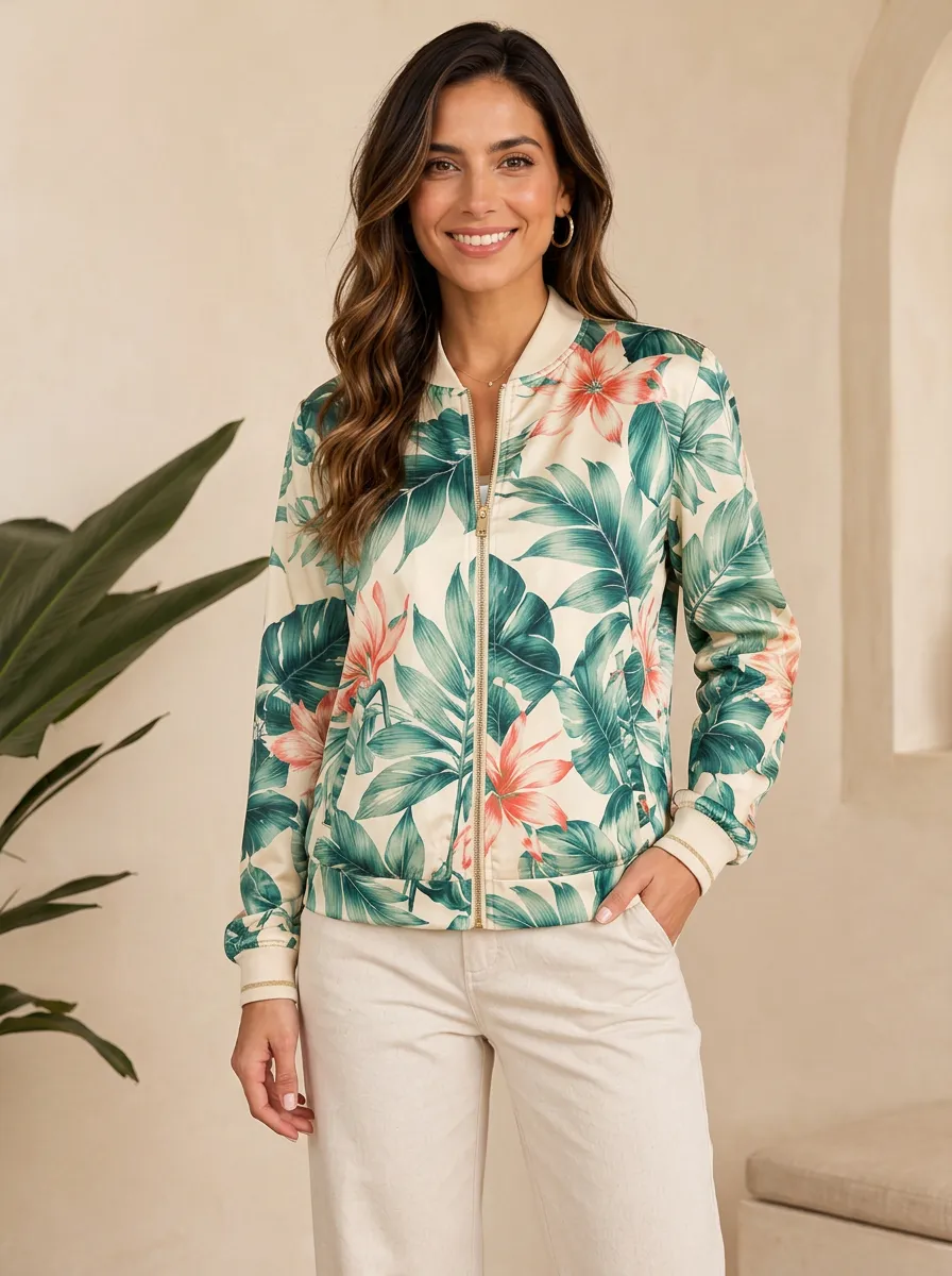 Women's Tropical Floral Leaf Ribbed Cuffs Ribbed Trim Bomber Jacket