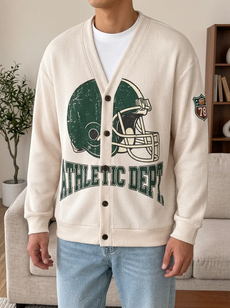 Men's Football Lover Athletic Dept Helmet Printed Waffle Cardigan