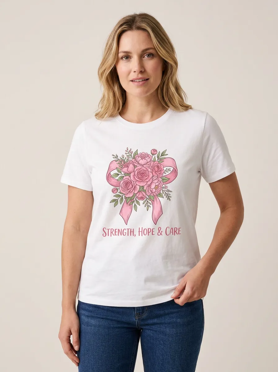 Women's Breast Cancer Awareness Floral Ribbon Printed T-shirt