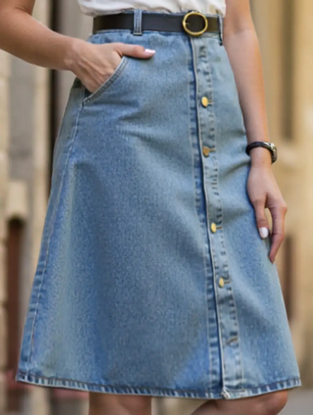 Denim Button Front Midi Skirt