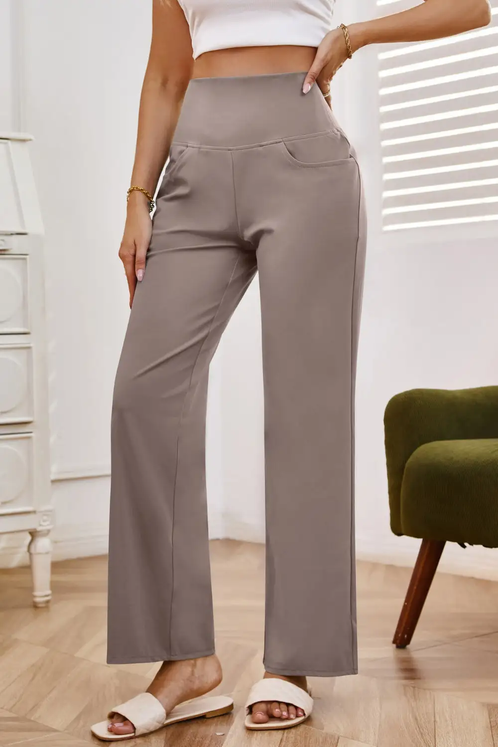 Relaxed High Waist Wide Leg Pants With Pocket
