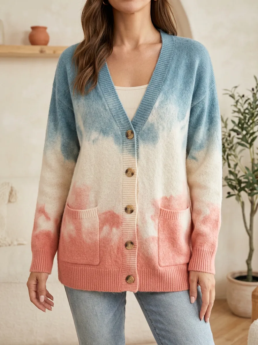 Women's Blue Pink Tie-Dye Printed Cardigan