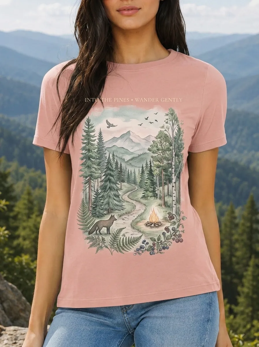 Women's Nature Lover Forest Fox Campfire Printed T-shirt