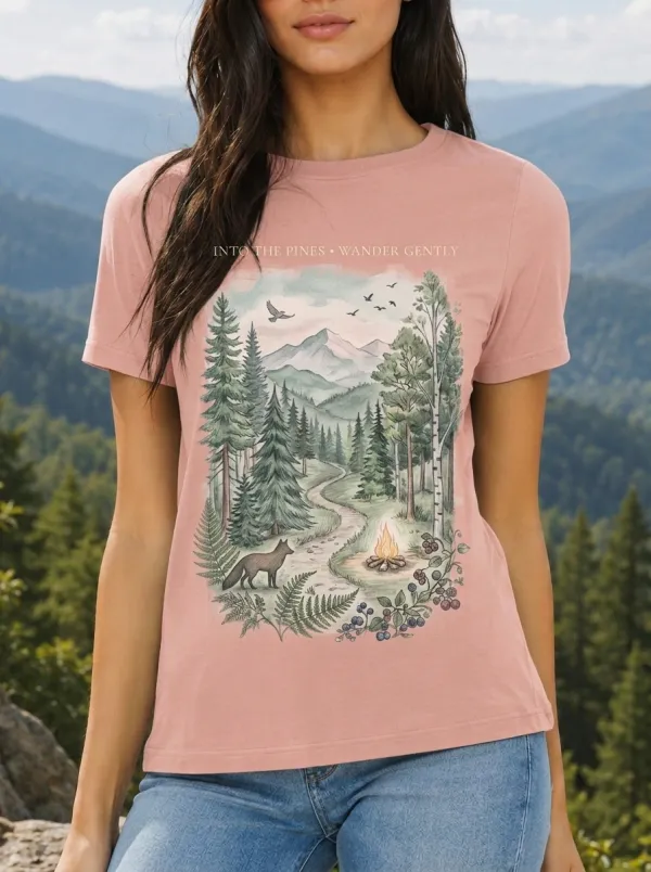 Women's Nature Lover Forest Fox Campfire Printed T-shirt