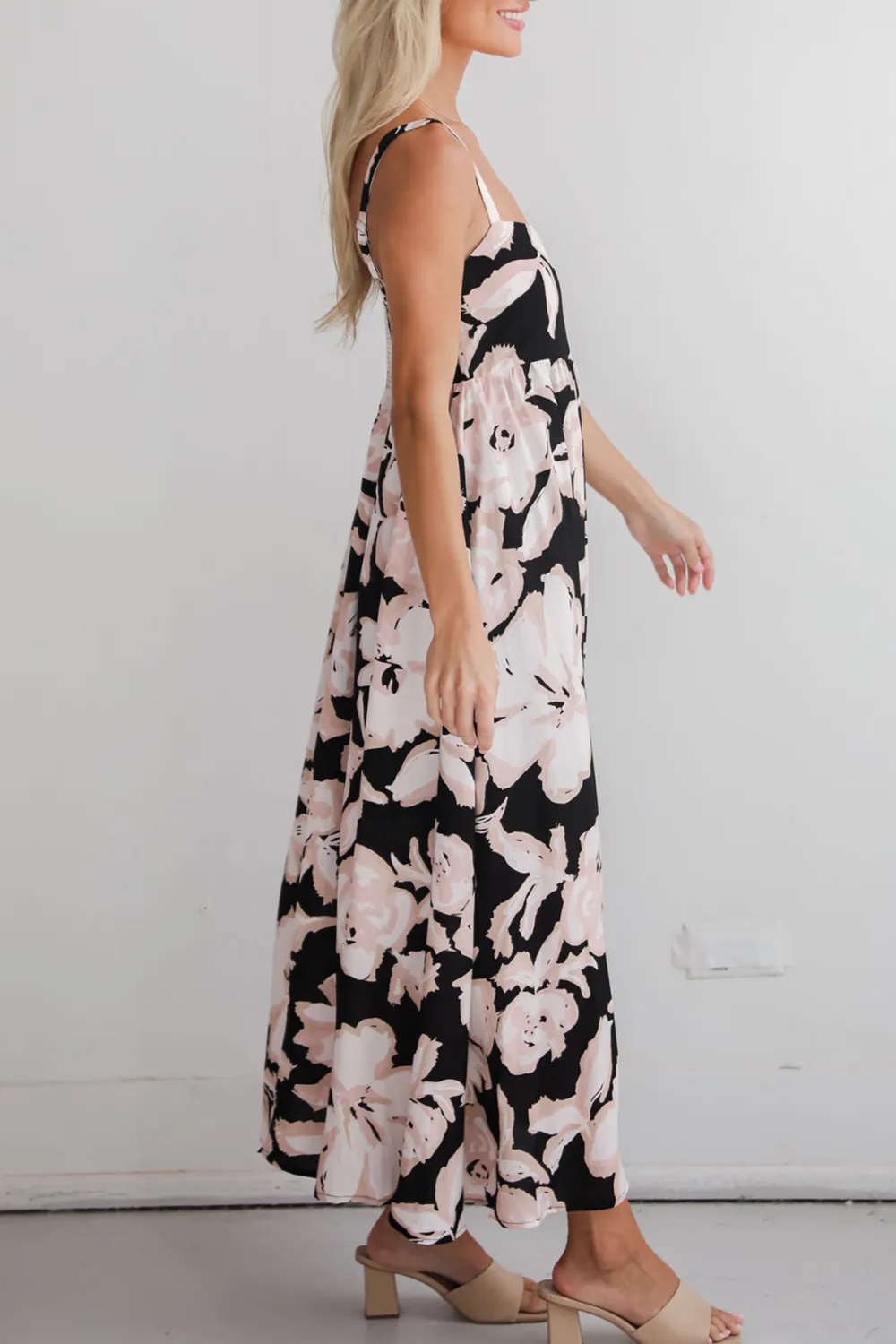 Black Strapless Floral Midi Dress