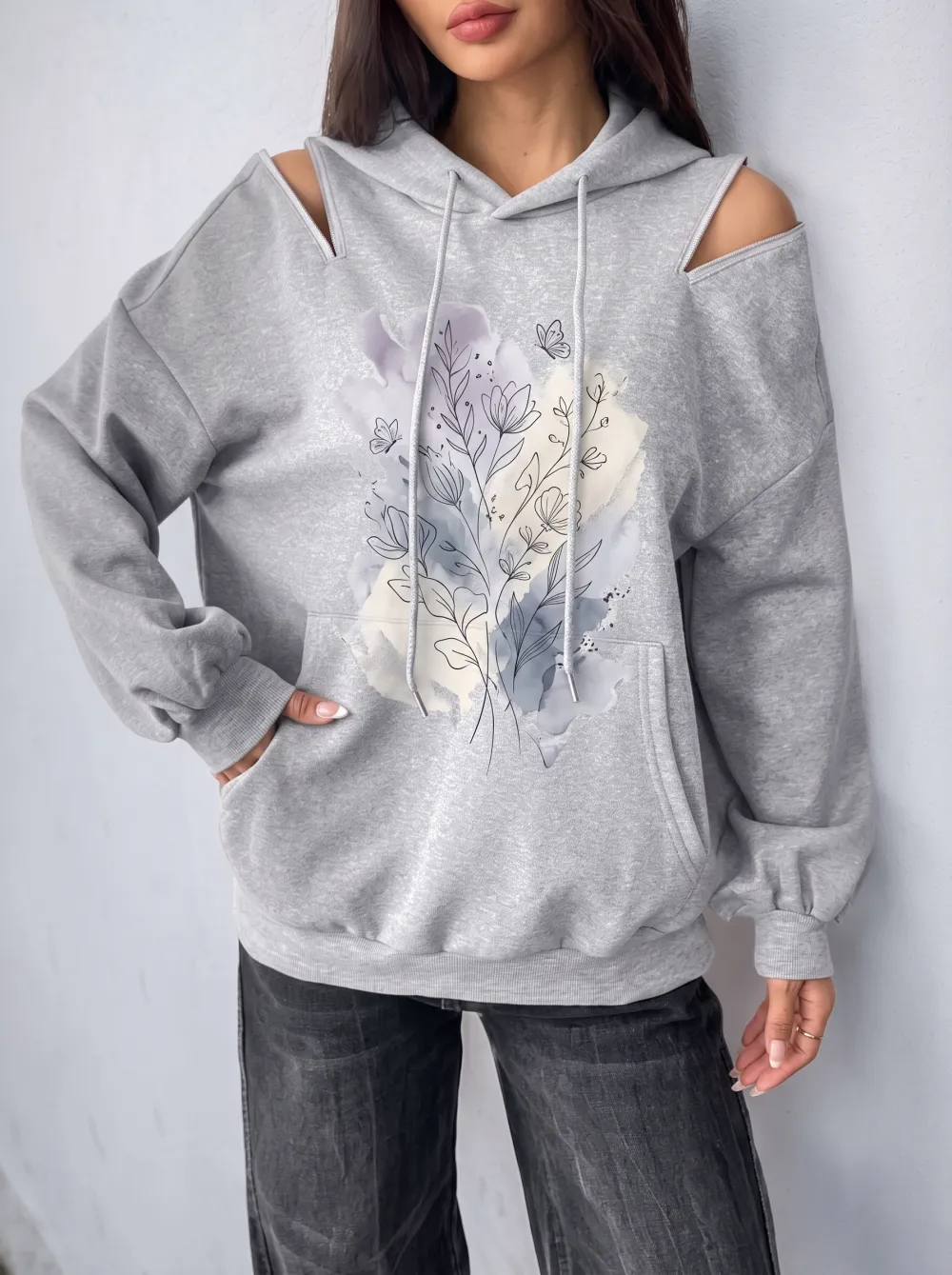 Women's Floral Butterfly Watercolor Printed Cold Shoulder Hoodie