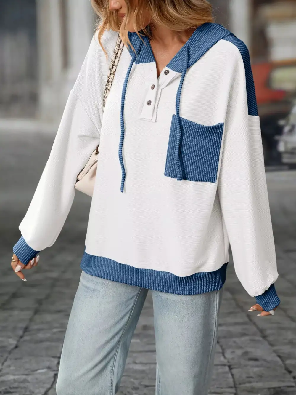Refined Drawstring Buttoned Pocketed Colorblock Hoodie