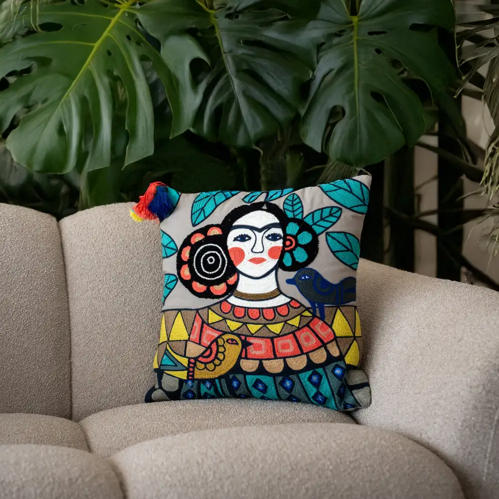 Embroidered Songbird Cushion Cover