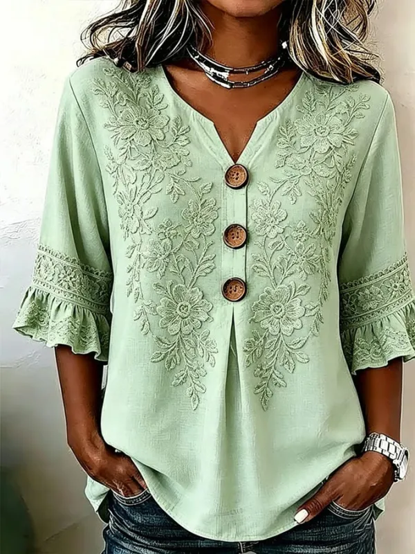 Women's Casual V-Neck Printed Cotton-Linen Top