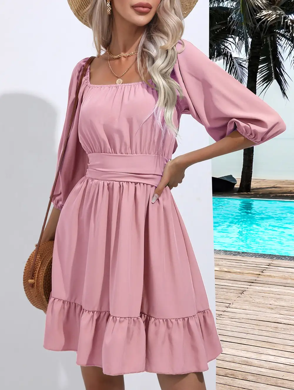 Square Neckline Ruffled Tie Up Mini Dress