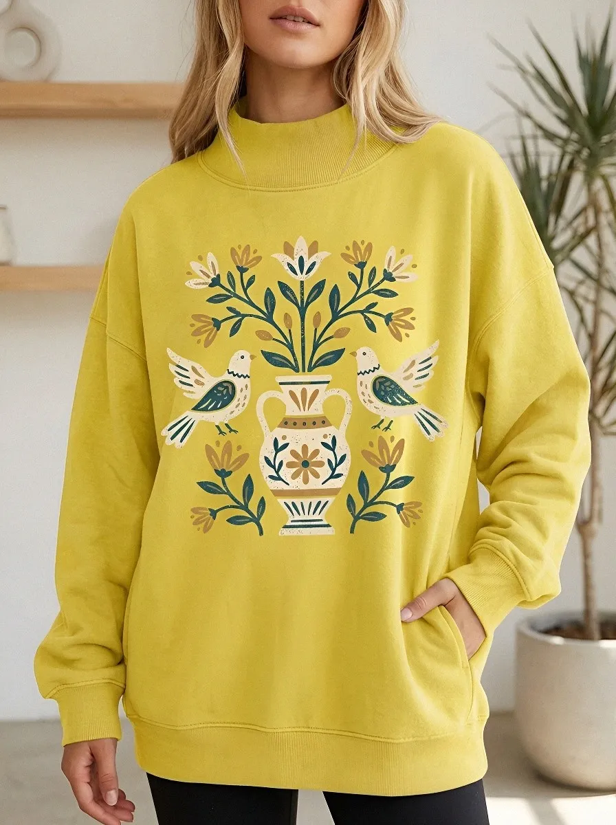 Women's Folk Art Bird Vase Floral Printed Sweatshirt