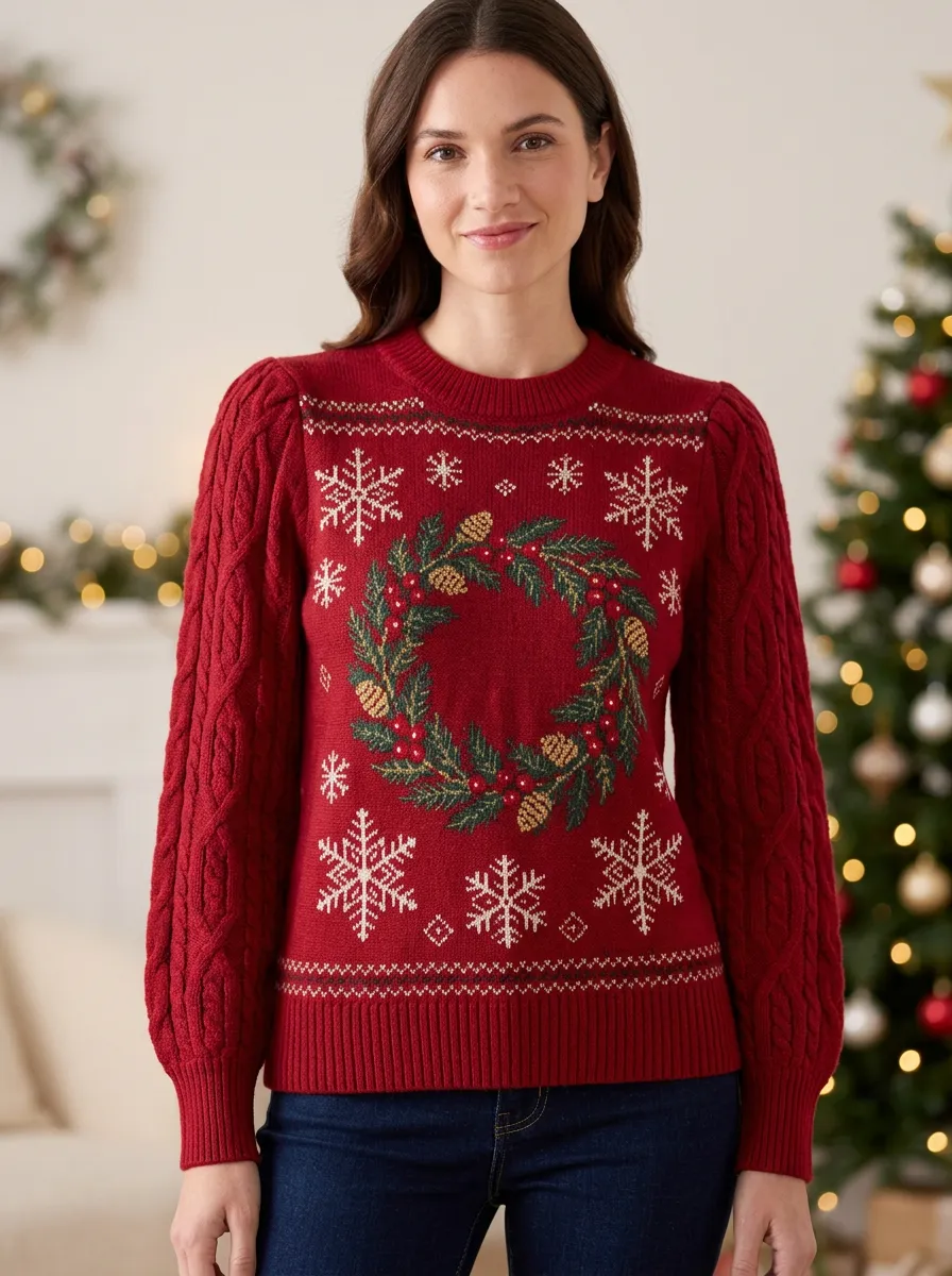 Winter Christmas Holiday Wreath Snowflake Pattern Print Sweater