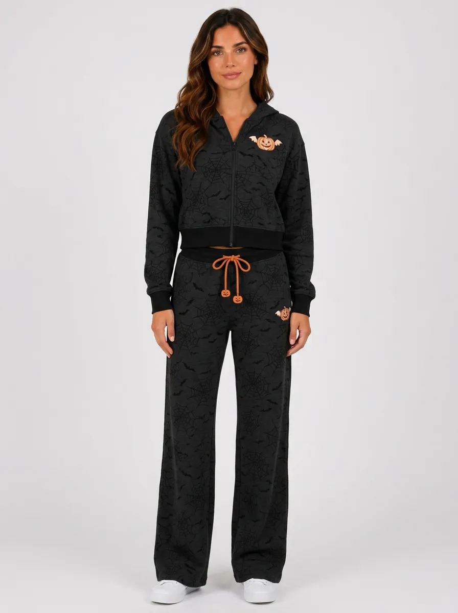 Women's Halloween Pumpkin Bat Spiderweb Printed Tracksuit Set