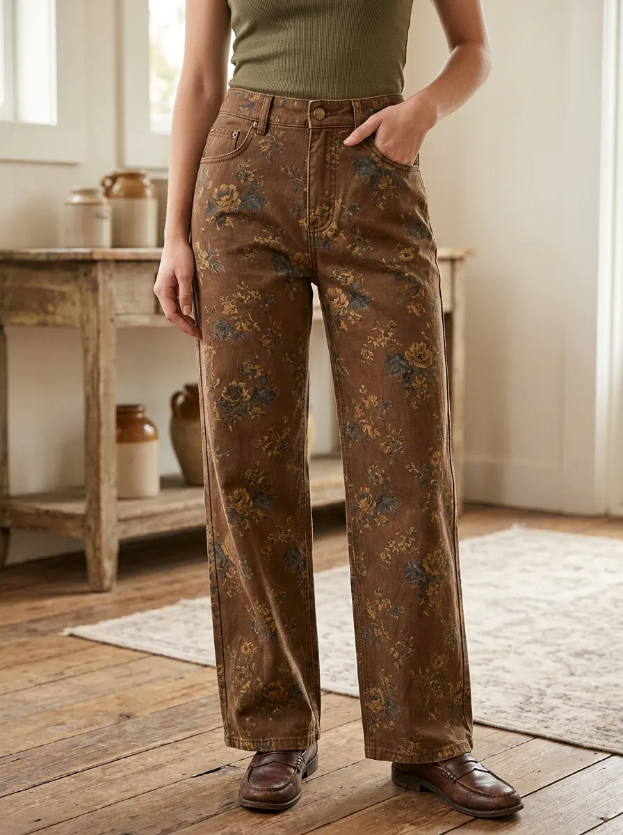 Women's Relaxed Vintage Floral Brown Printed Pants