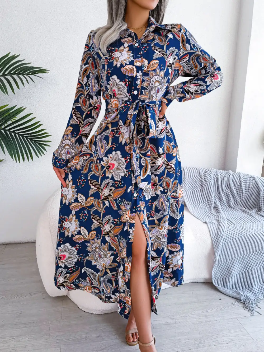 Long-Sleeve Printed Midi Dress
