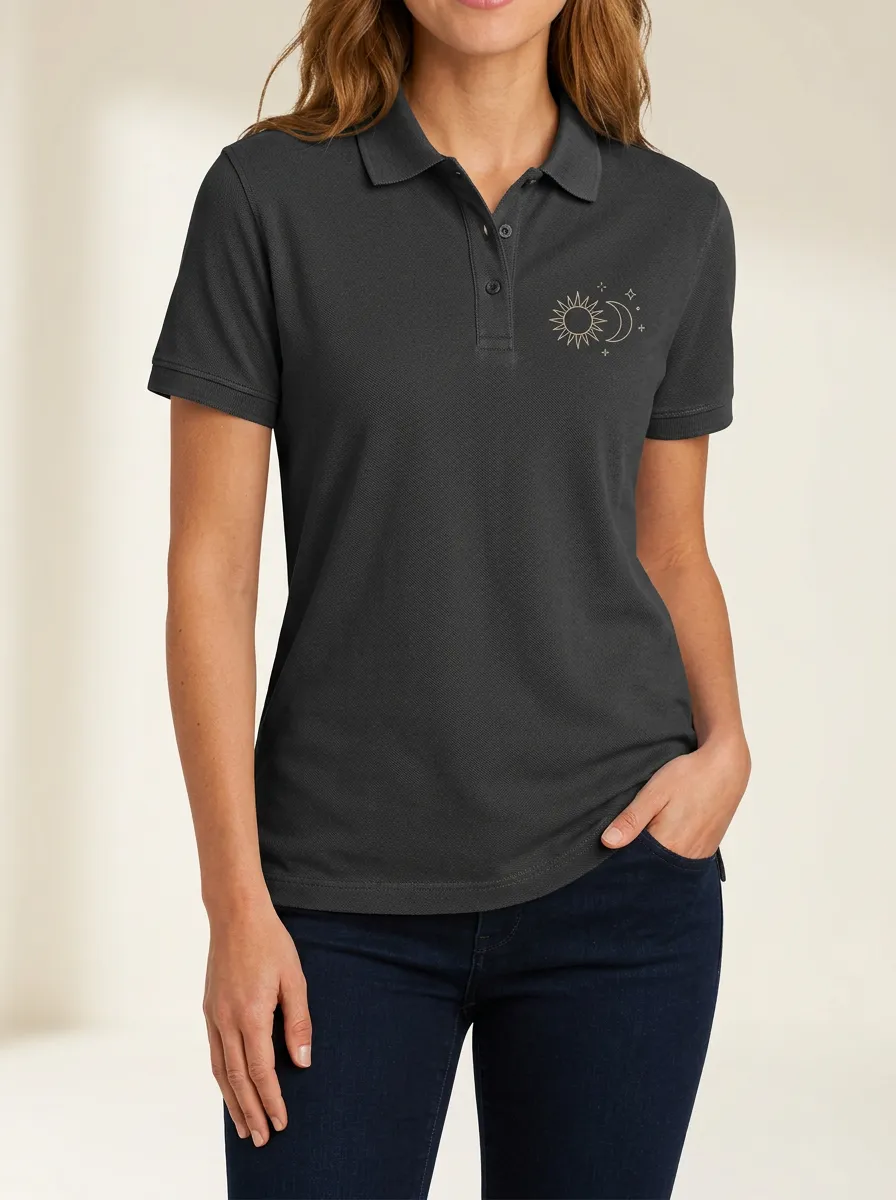 Women's Celestial Sun Moon Stars Printed Polo Shirt