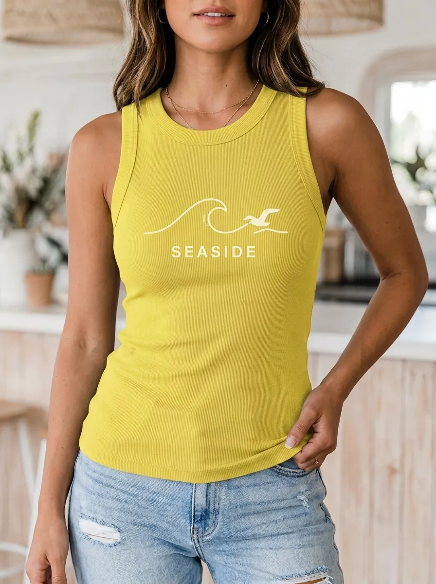 Women's Beach Lover Seaside Wave Seagull Printed Ribbed Tank Top