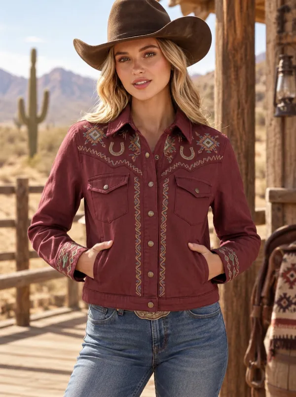 Women's Western Cowgirl Horseshoe Horse Cactus Denim Jacket