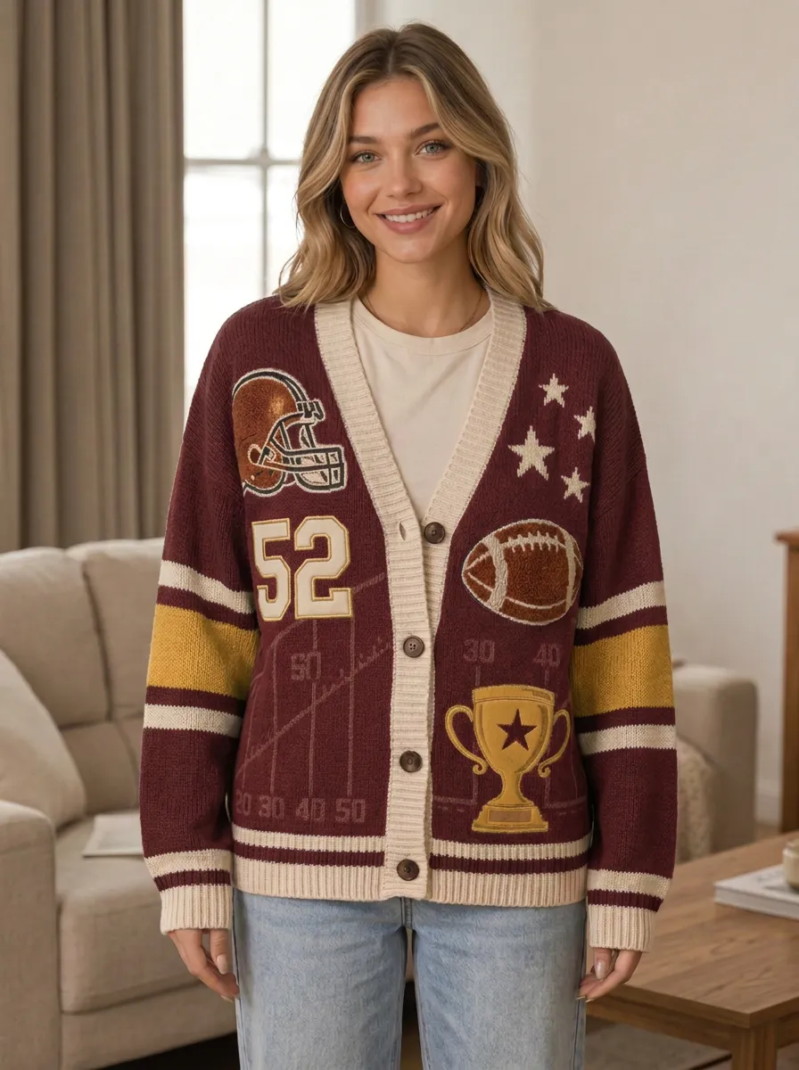 Women's Modern Gridiron Helmet Trophy Ball Knit Cardigan