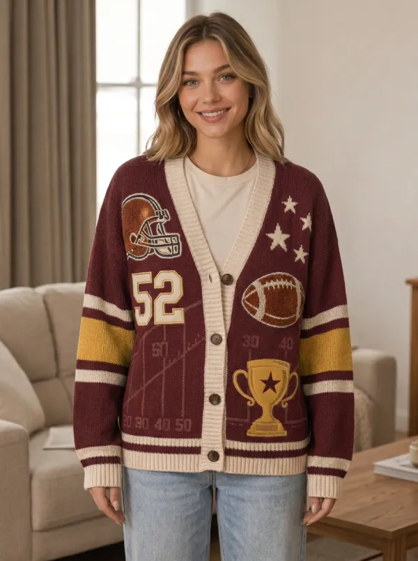 Women's Modern Gridiron Helmet Trophy Ball Knit Cardigan