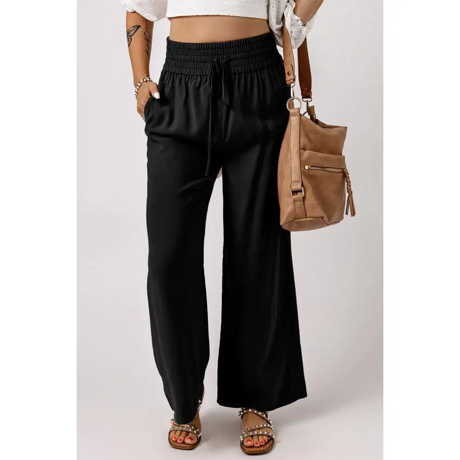 Drawstring Smocked Waist Wide Leg Pants
